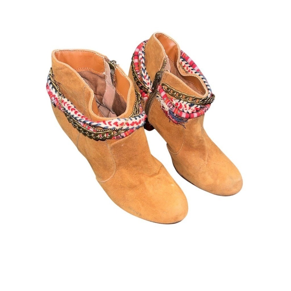 Womens Tan Ankle Booties Size 8 Boho Tribal Wrap Chain Side Zip Block Heel suede